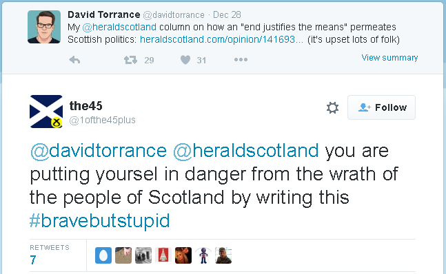 Threatening tweet by 1ofthe45plus to David Torrance